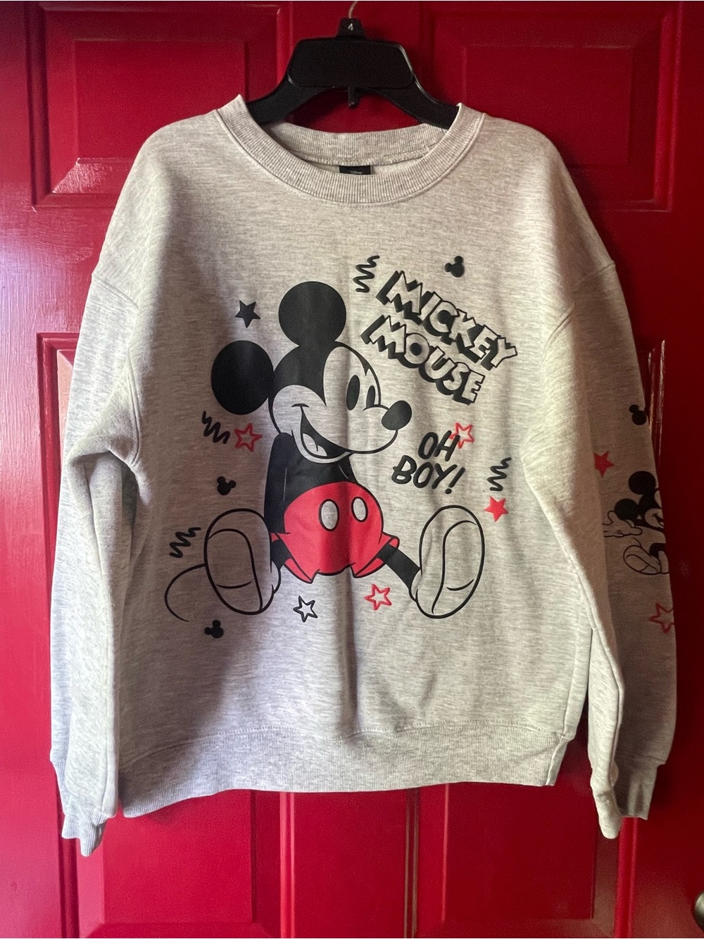 Disney Mickey Mouse Graphic Crewneck Sweatshirt - Light Gray with Red & Black
